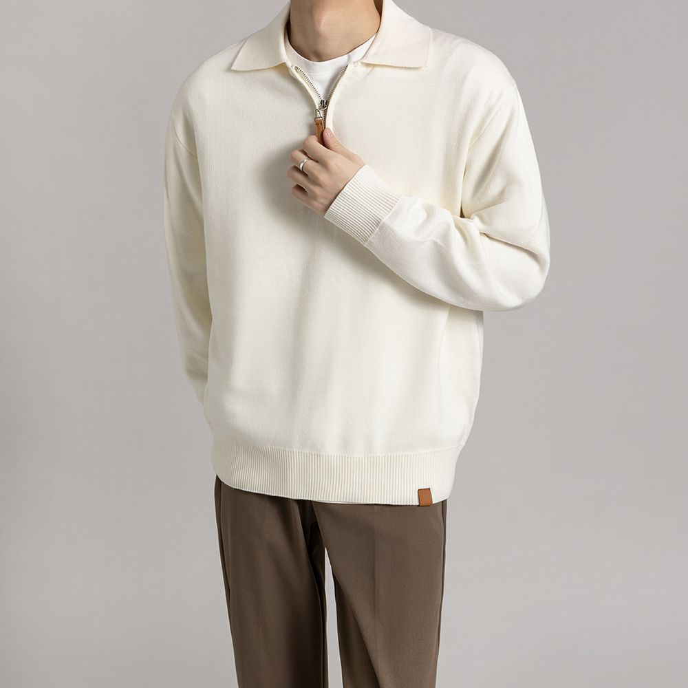 Novo suéter de malha com zíper e manga comprida estilo maduro leve para homens, top versátil de outono e inverno com gola de lapela para homens_voghion.com