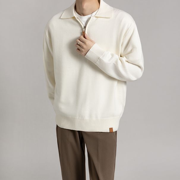 Novo suéter de malha com zíper e manga comprida estilo maduro leve para homens, top versátil de outono e inverno com gola de lapela para homens_voghion.com