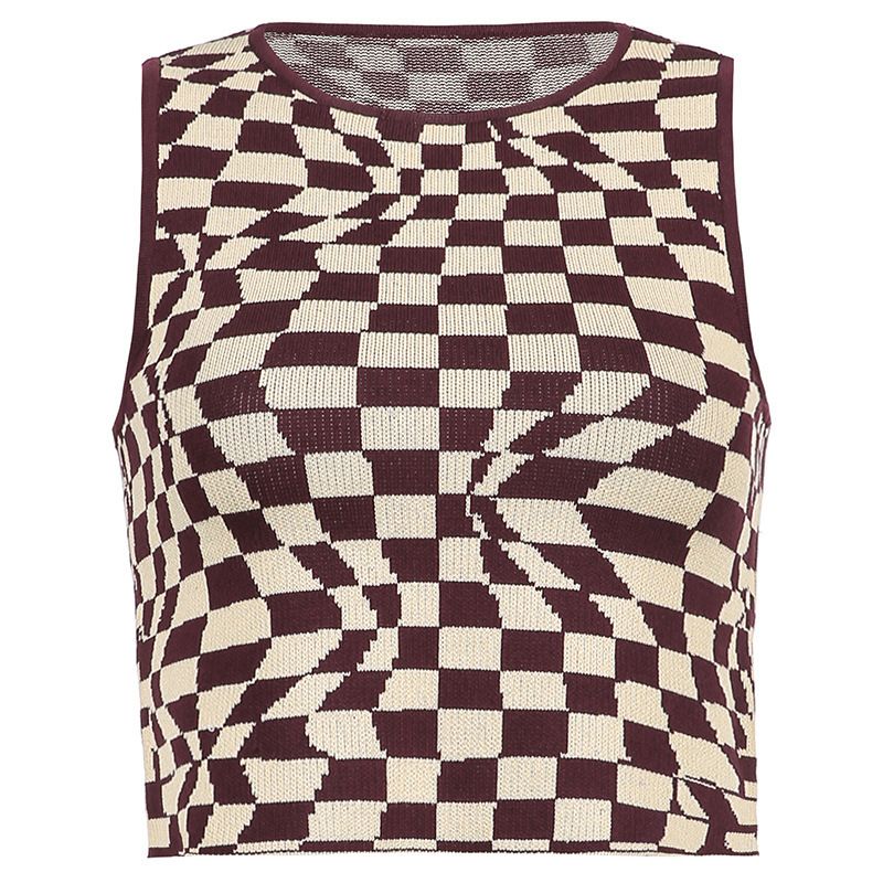 Women's sweater sweater vest, round neck design, contrasting plaid _voghion.com