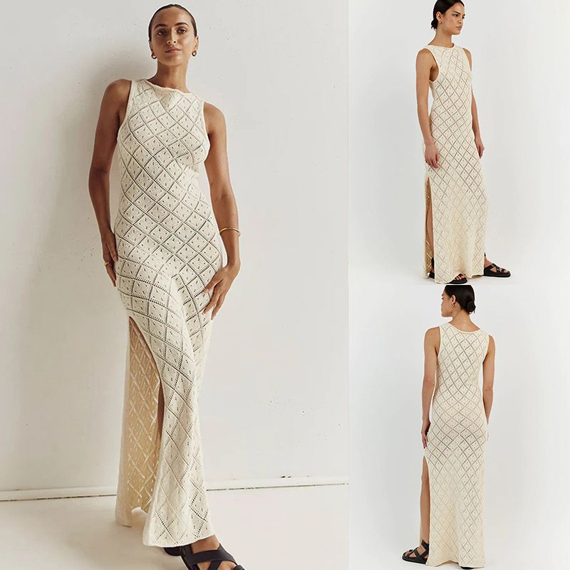 Women's Clothing Sexy Hook Flower Hollow Knitted Split Dress Long Dress Women's Bikini Swimsuit Outer Wear Holiday Beach Cover Up_voghion.com