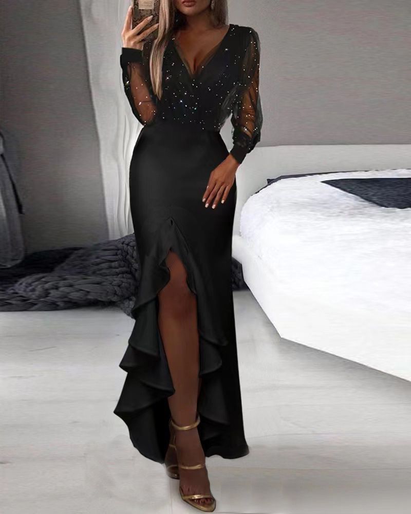 Vestido nuevo de mujer, vestido ajustado a la moda y Sexy de malla de manga larga con lentejuelas_voghion.com