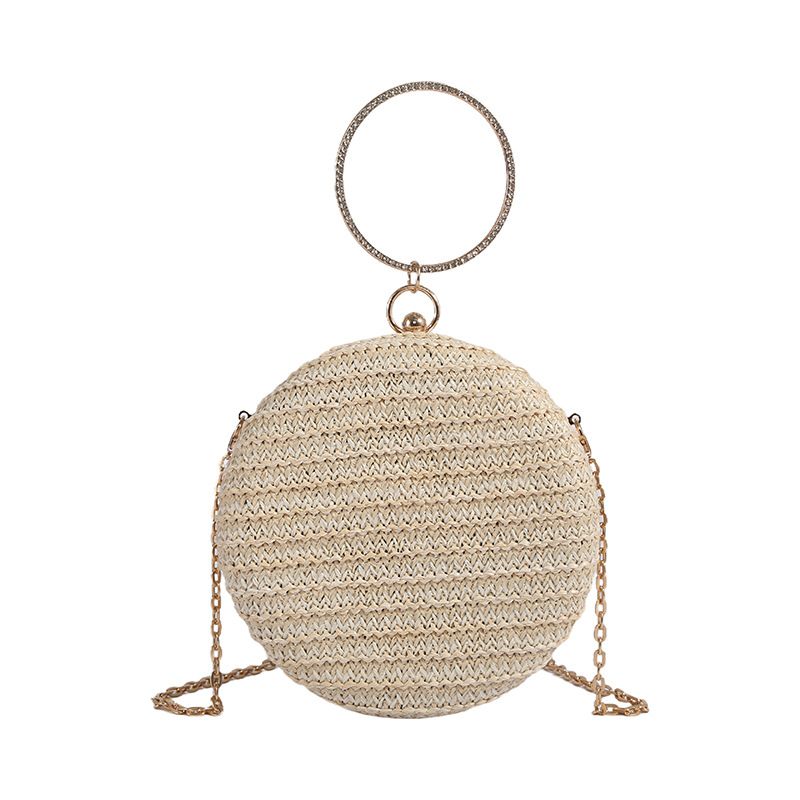 This year's popular small round 2024 summer new handb grass woven contrasting color shoulder women's chain crossbody_voghion.com