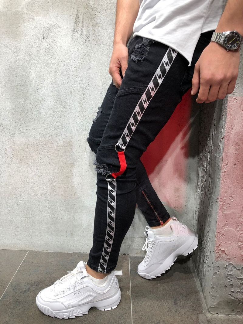 Men's Jeans Ribbon Ripped Slim Fit Zipper Men's Pants_voghion.com