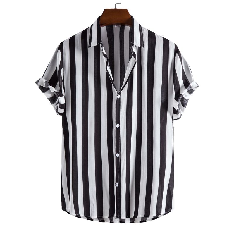 Camicia a righe stampata a maniche corte casual alla moda da uomo_voghion.com