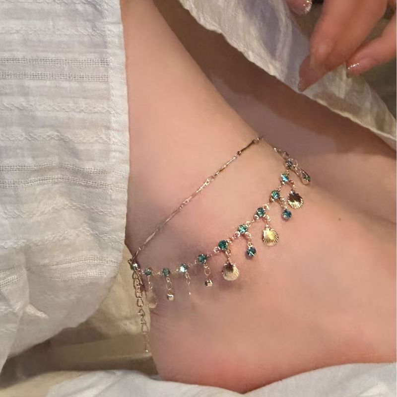 Blue Love Super Shiny Double Layer Shell For Women Summer Layered Clavicle Chain Tassel Choker Exquisite Anklet_voghion.com