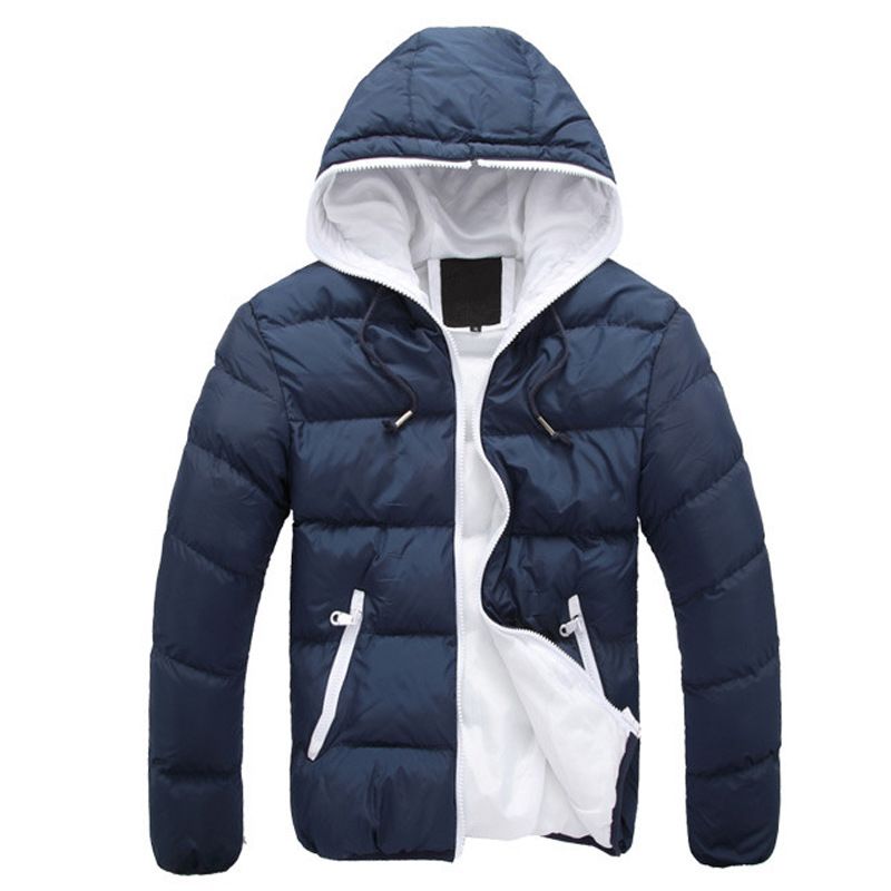 Giacca invernale da uomo con cappuccio, leggera e calda, con cerniera frontale, design a contrasto di colore, imbottitura in poliestere, vestibilità comoda per abbigliamento casual all'aperto._voghion.com