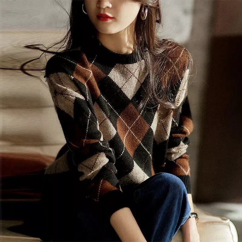 Women's Retro style contrast color sweater autumn and winter new British diamond plaid sweater women's outer wear bottoming top_voghion.com