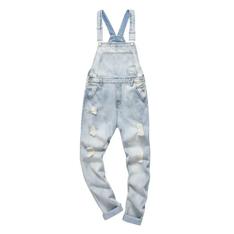 Moški svetlo modri snežno oprani raztrgani jeans kombinezon z naramnicami, plus velike luknje, obrabljeni kombinezoni, kavbojke T221102_voghion.com