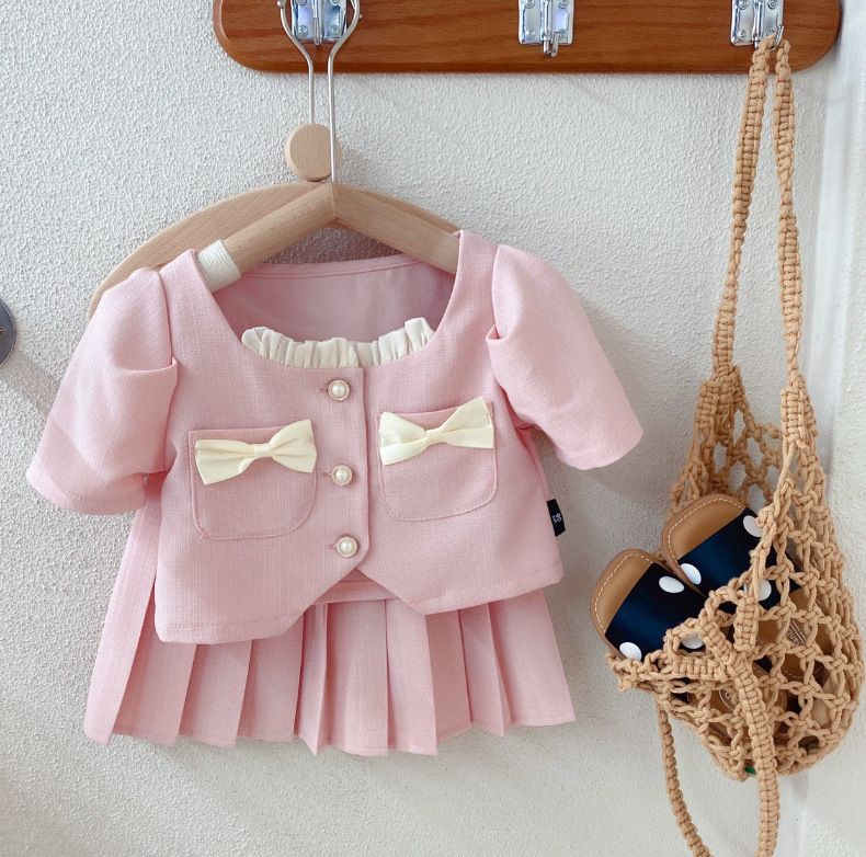 Kids Clothing Girls Clothing Small Bowknot Short Sleeves Plus Pleated Skirt Two Piece Set_voghion.com