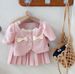 Kids Clothing Girls Clothing Small Bowknot Short Sleeves Plus Pleated Skirt Two Piece Set_voghion.com