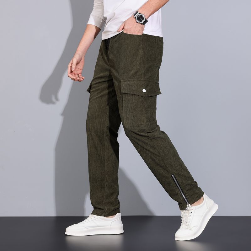 Salopette d'automne en velours côtelé pour homme, pantalon ample et décontracté avec poignets et poches multiples._voghion.com