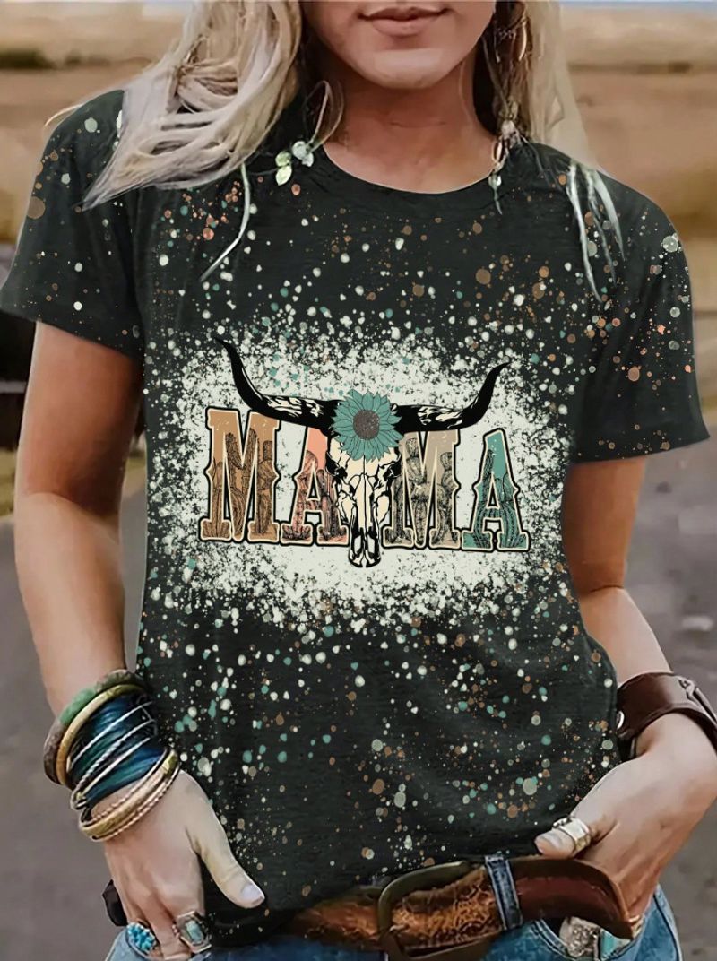 T-shirt alla moda, casual, ampia e versatile con stampa integrale a pois con testa di toro_voghion.com