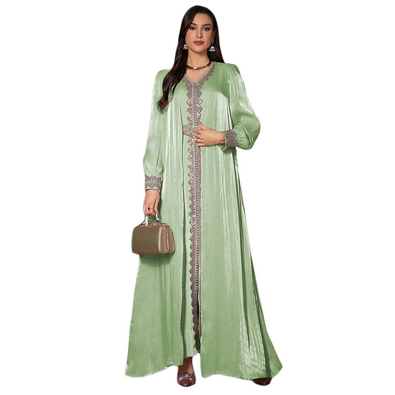 Roupas femininas Vestido feminino de duas peças de cor sólida com apliques da moda e decote em V, robe elegante_voghion.com