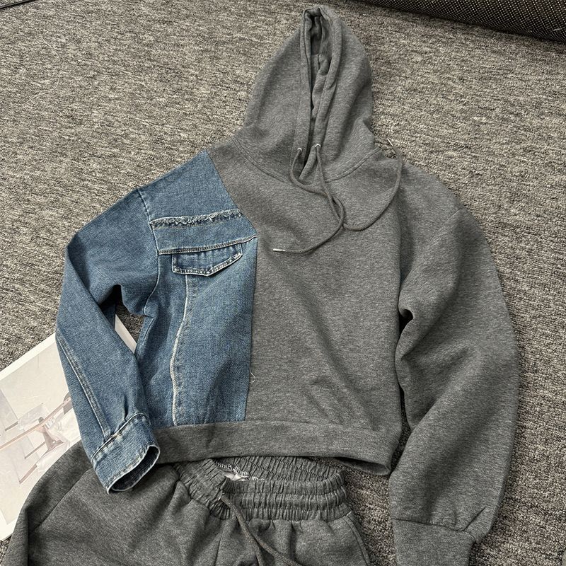 ​​Trendy Denim-Spliced Hooded Sweater & Pants Set – Casual Gray Two-Piece Outfit (One Size Fits Most)​​_voghion.com