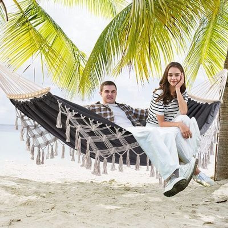Outdoor Single Double Leisure Hammock Swing Spring Outing Tassel Bent Rod Camping Anti-Rollover Canvas Hanging Basket_voghion.com
