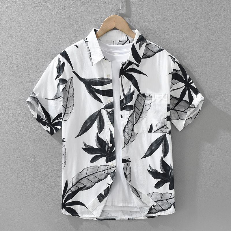 Pánské tričko s krátkým rukávem a potiskem listů, módní a všestranné, umělecký a ležérní volný top_voghion.com