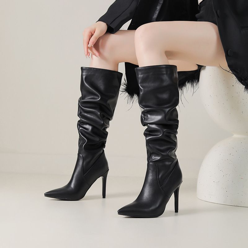 Spidse, plisserede høje støvler til kvinder Efterårs- og vinterstøvler med skinny heels Pile støvler til kvinder_voghion.com