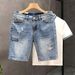 Men's Clothing Ripped Denim Shorts Men's Summer Thin Loose Straight Retro White Light Color Scratched Beggar Shorts_voghion.com