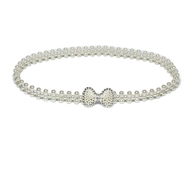 Pearl woven waist chain women's dress with decorative thin Korean version versatile rhinestone bow elastic waistband_voghion.com