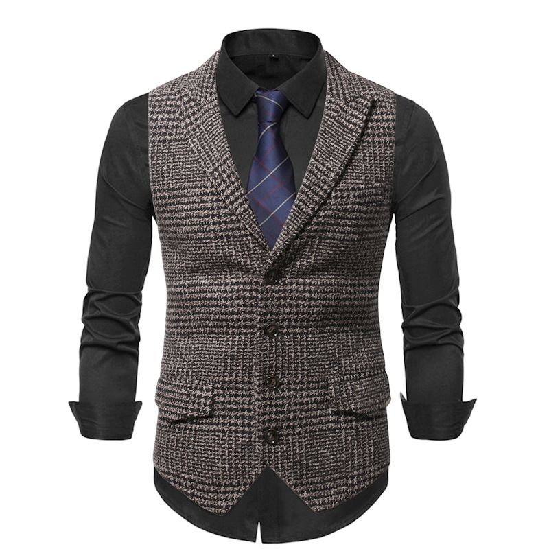 Herrenweste, karierte, einreihige, lässige Anzugweste für Herren_voghion.com