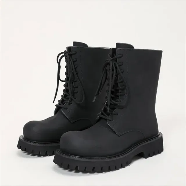 Big Roud Toe Thick Bottom Lace-Up Akle Woma Witer 2023 Black Platform Chuky Heel Short Boots Fashio Shoes for_voghion.com