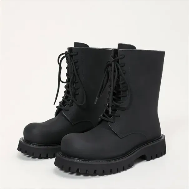 Big Roud Toe Thick Bottom Lace-Up Akle Woma Witer 2023 Black Platform Chuky Heel Short Boots Fashio Shoes for_voghion.com