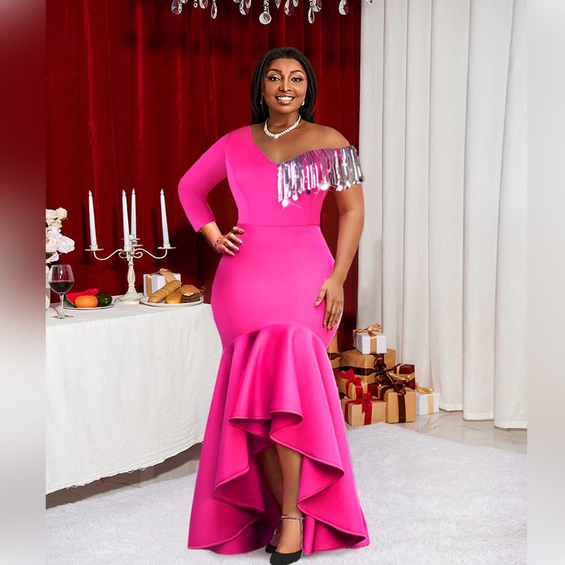 Sexy Kleid mit einer Schulter und einem Ärmel. Plus Size Geburtstagsparty Kleid mit hüfthoher Taille, sexy Kleid_voghion.com