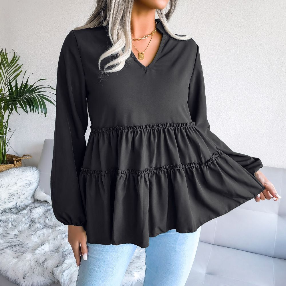 2023 Laterne Langarm Casual Lose Rüschen Saum Chiffon Bluse Damenmode_voghion.com