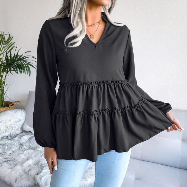 2023 Laterne Langarm Casual Lose Rüschen Saum Chiffon Bluse Damenmode_voghion.com