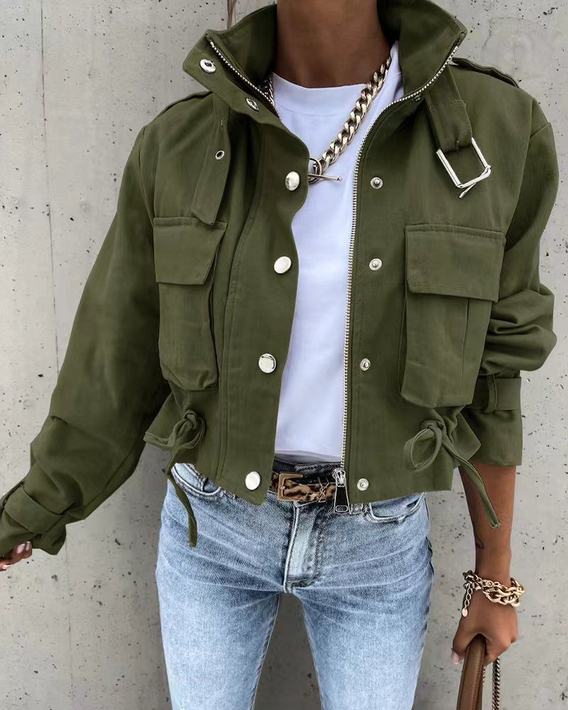 Dammekleedung 2024 Hierscht a Wanter Damen gedréckt Kuerz Casual Langarm Jacket Tops_voghion.com