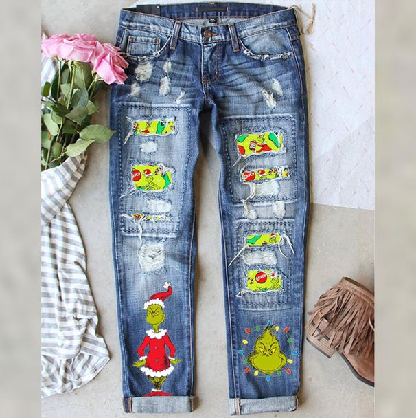 Lässige, zerrissene, bedruckte Jeanshose mit schmaler Passform und mittlerer Taille für Damen im neuen Stil_voghion.com