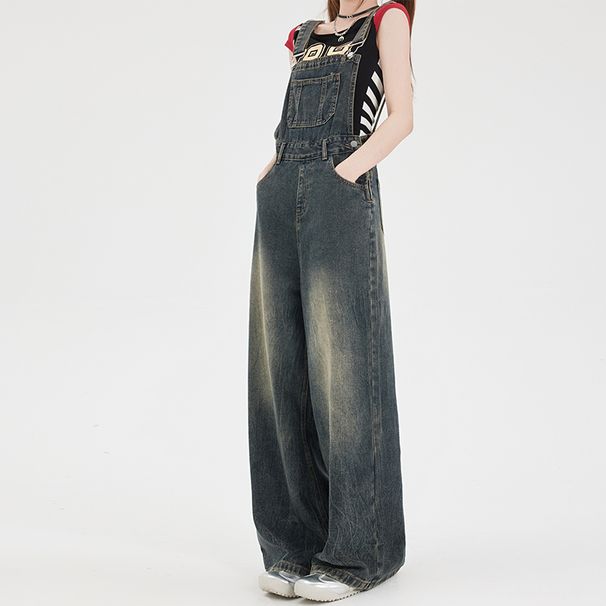 Summer Overalls For Women, American Petite, Lazy Style, Loose Casual, Draped Wide-Leg Denim Jumpsuit_voghion.com