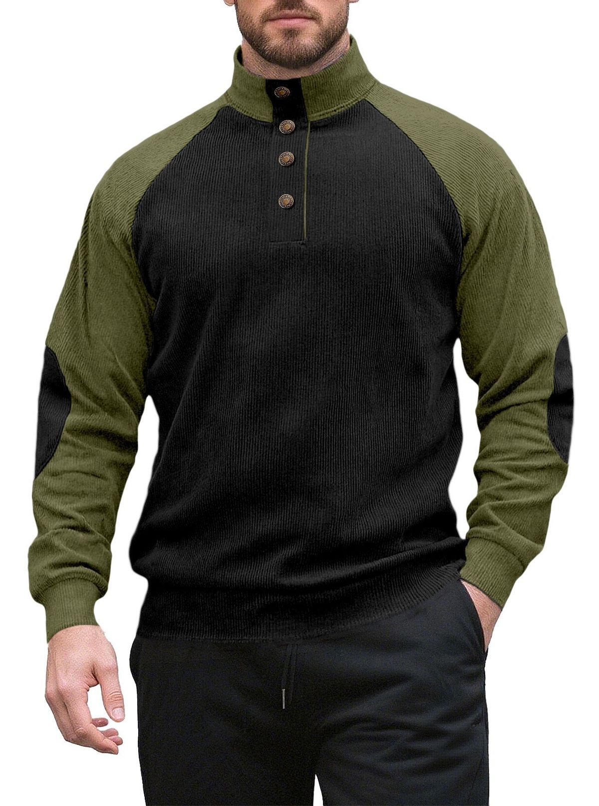 Camicia Henley in velluto a coste da uomo – Pullover slim fit con collo alto e finiture a contrasto per uno stile casual elegante_voghion.com