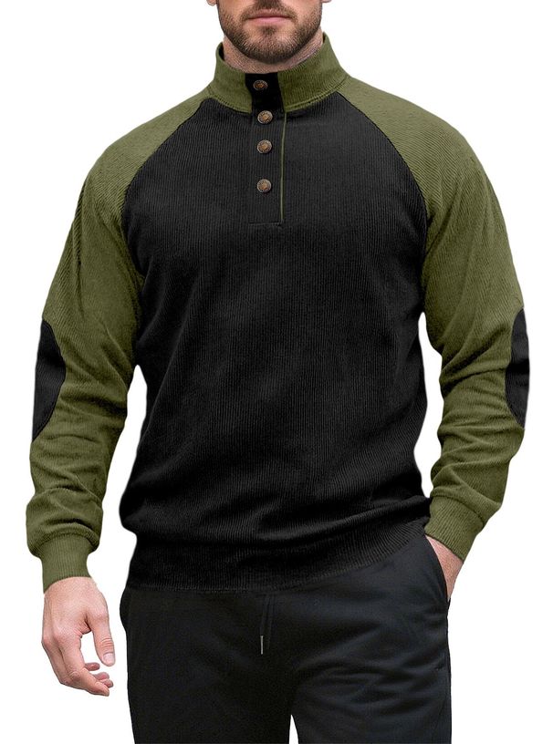 Camicia Henley in velluto a coste da uomo – Pullover slim fit con collo alto e finiture a contrasto per uno stile casual elegante_voghion.com