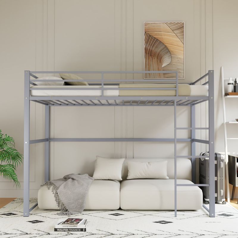 Metal Loft Bed Twin Size, Loft Bed Frame With Safety Guard Rails & Flat Ladder, Twin Loft Bed For Kids Teens Adults, Gray_voghion.com
