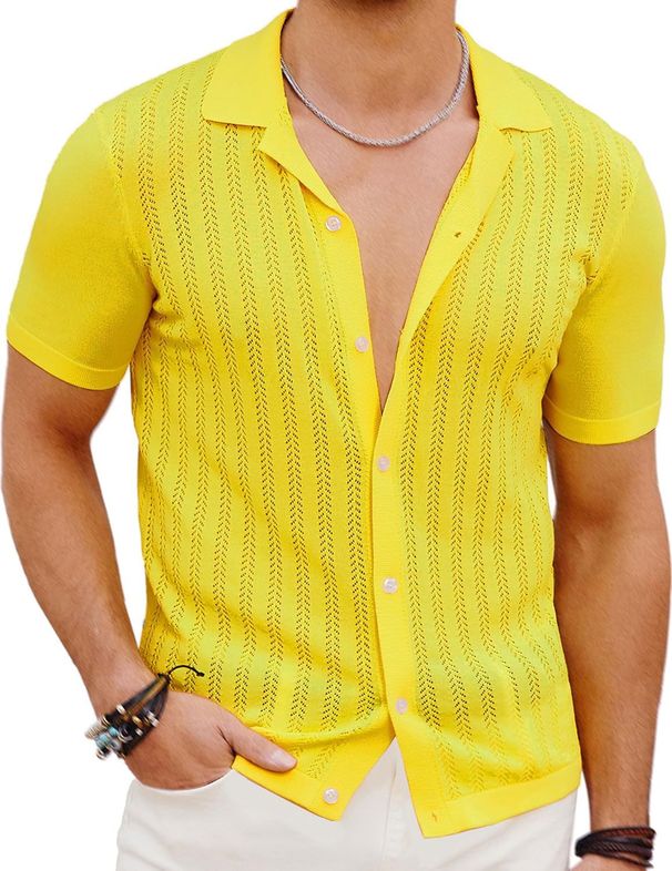 Men's Clothing Casual Knitted Cardigan Summer Cool Hollow Short Sleeved Men's Shirt Solid Color Men's Tops_voghion.com