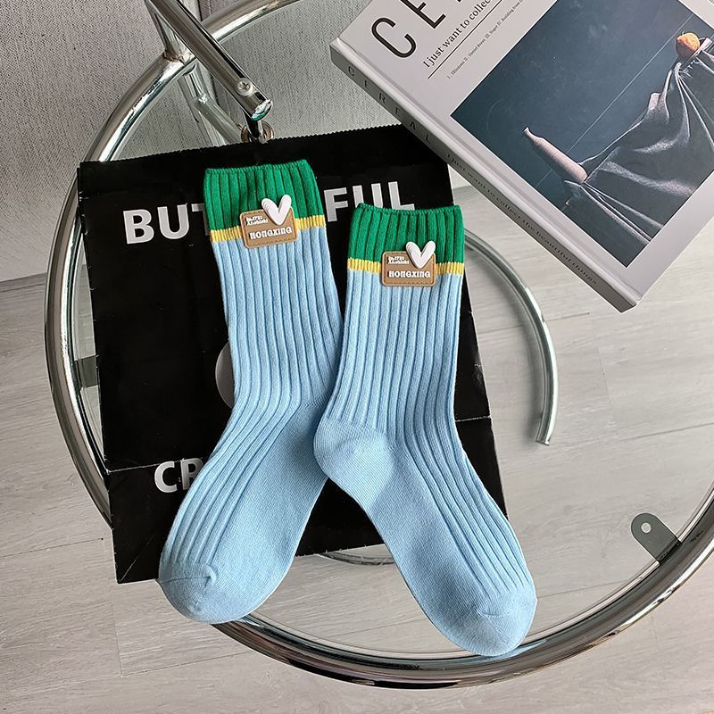 Women's socks spring/summer thin ins trendy love dopamine wear matching small leather shoes preppy style combed cotton mid-calf length socks_voghion.com