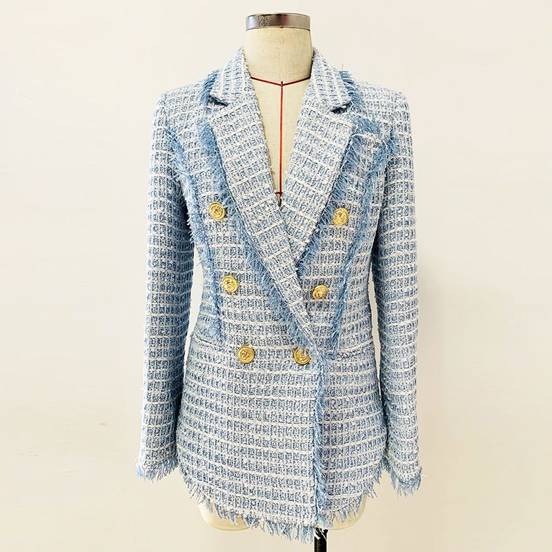 Damenbekleidung Herbst und Winter Neue Mode Zweireihige Flow Edge Tweed Mittellange Anzugjacke_voghion.com