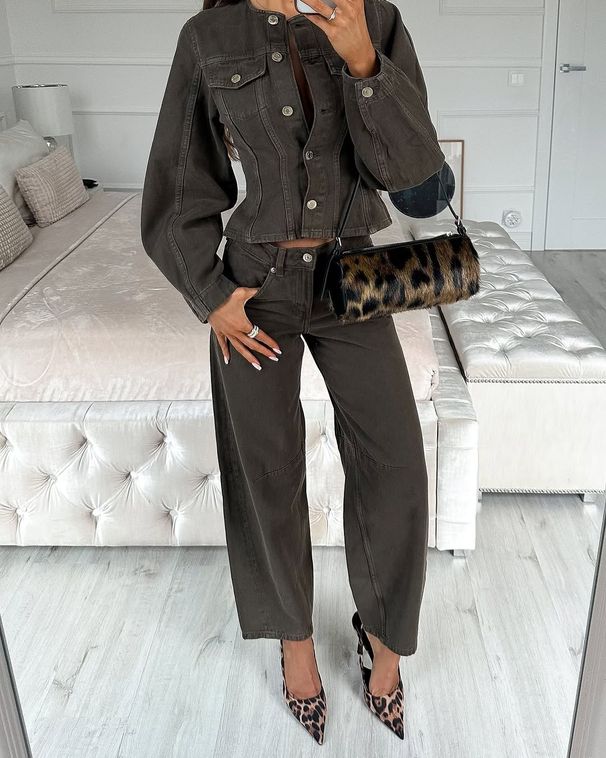 Dametøj Mode Retro Slim Fit Enkeltradet Denimjakkesæt Med Vide Benbukser_voghion.com