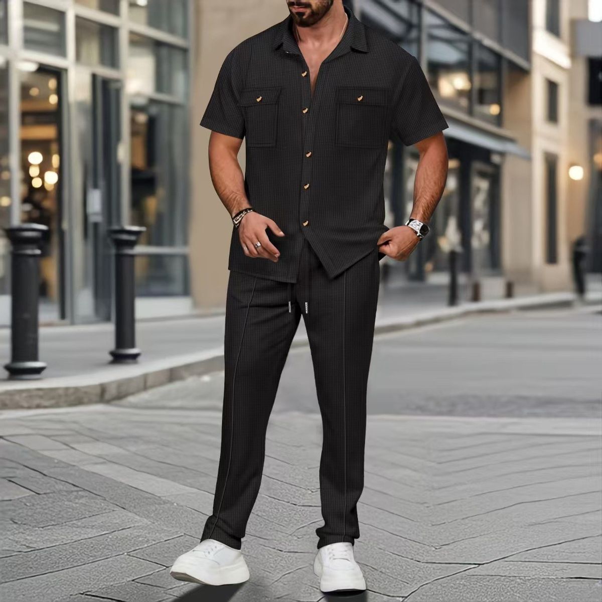 Men's Clothing Summer Solid Color Button Pocket Shirt Short Sleeve Pants Two Piece Set_voghion.com