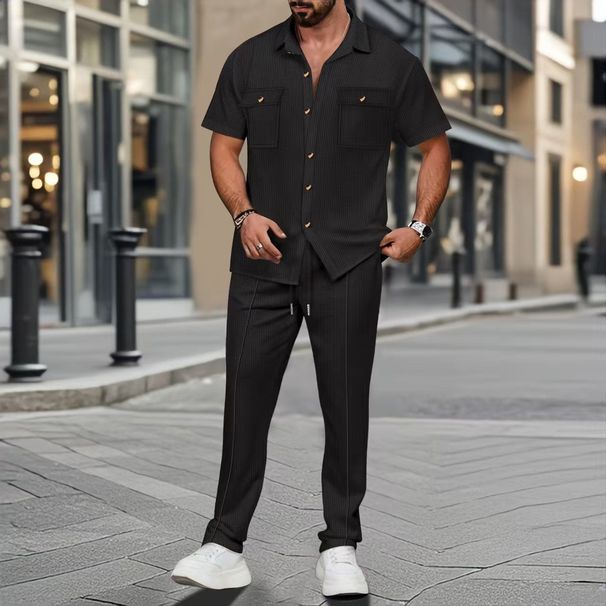 Men's Clothing Summer Solid Color Button Pocket Shirt Short Sleeve Pants Two Piece Set_voghion.com