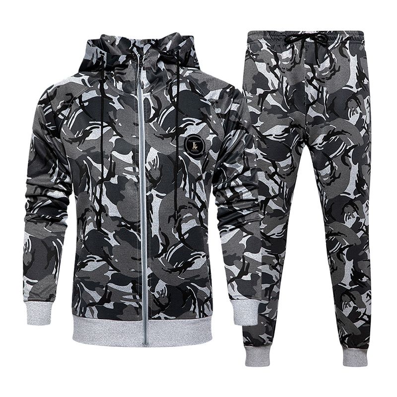 Vêtements pour hommes, cardigan à capuche, camouflage, fermeture éclair, survêtement deux pièces_voghion.com