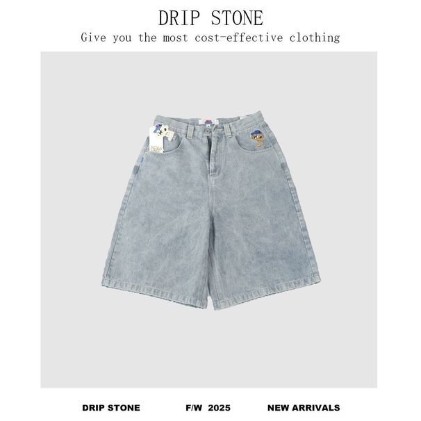 Pantalones cortos vaqueros holgados informales con bordado desgastado y lavado estilo retro de calle para hombre, pantalones cortos de pierna ancha para monopatín_voghion.com