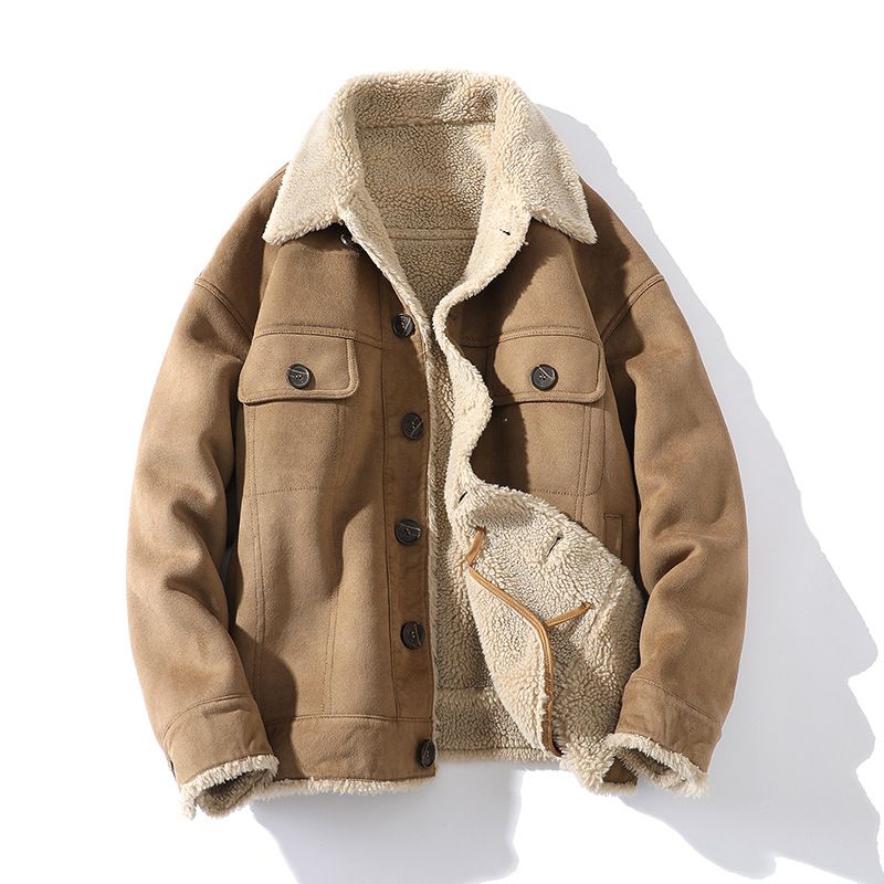 Men's Faux Shearling Bomber Jacket – Relaxed Fit, Single-Breasted, Fleece-Lined Winter Coat (Khaki, M-5XL)_voghion.com