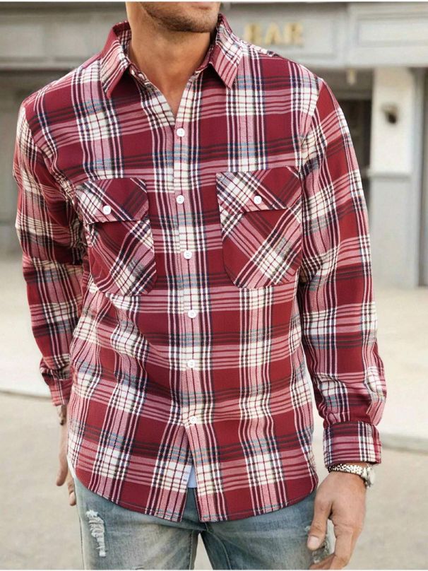 Men’s Flannel Plaid Shirt – Soft Brushed Polyester Long Sleeve Casual Button-Up (Red/Navy/Orange)_voghion.com