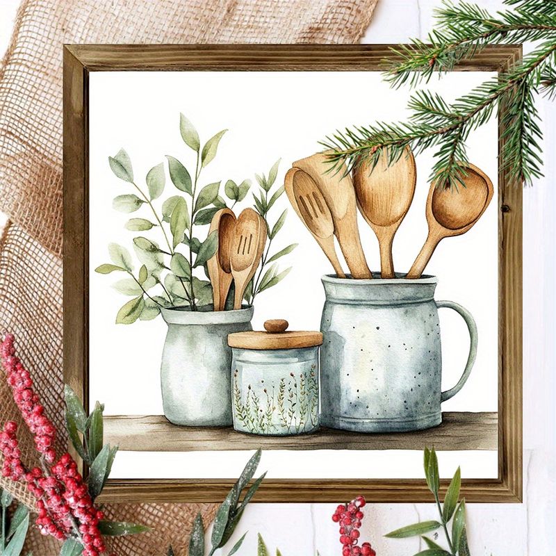 "8x8 Rustikal Aquarell Kichengeschir Holzschëld - Charmant Bauerenhaus Wandkonscht fir Heem, Büro & Fester, perfekt Fréijoers-/St. Patrick's Day Kaddo"_voghion.com