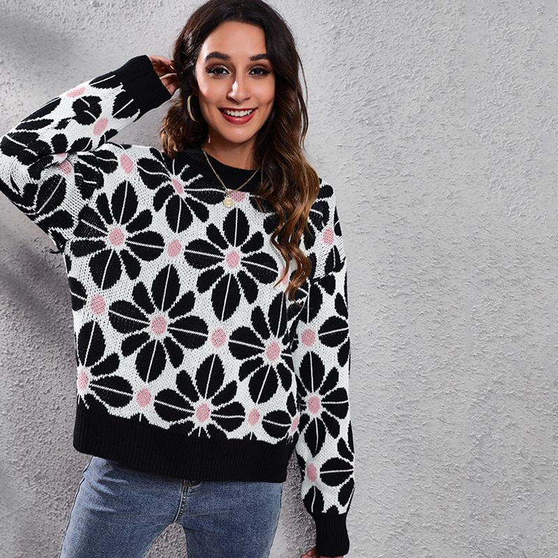 Maglione lavorato a maglia a maniche lunghe con spalla in tinta floreale per abiti autunnali e invernali larghi da donna_voghion.com