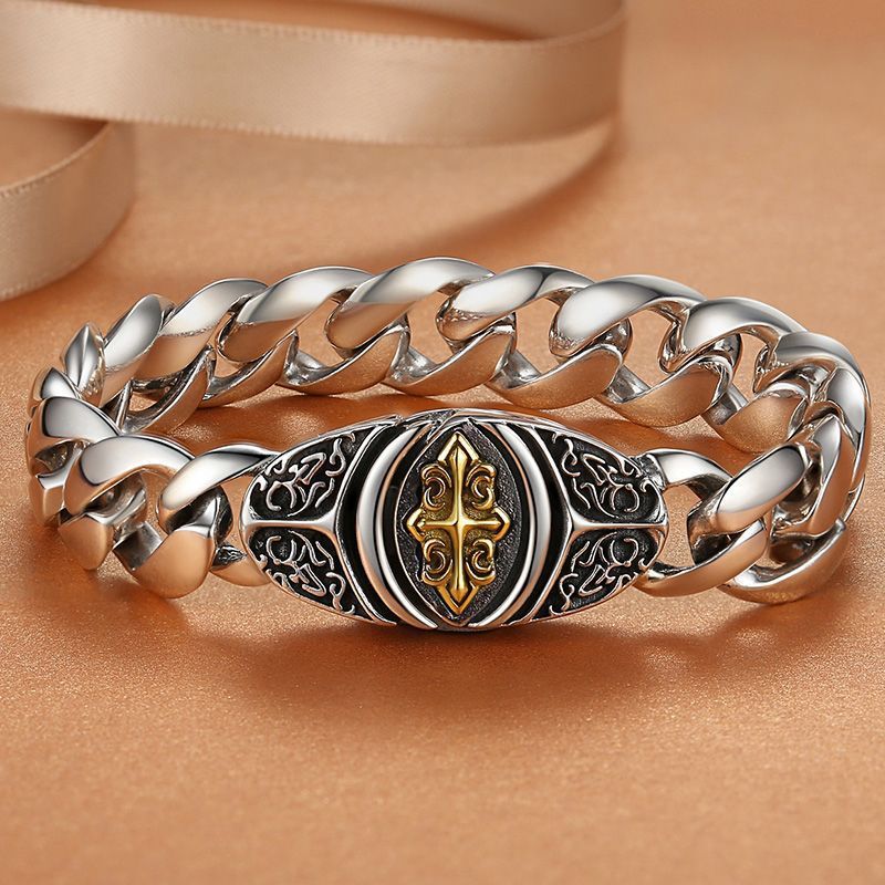 Cubaanse armband voor heren, gedurfde hiphopstijl, trendy luxe high-end brede platte kruisbloemketting_voghion.com