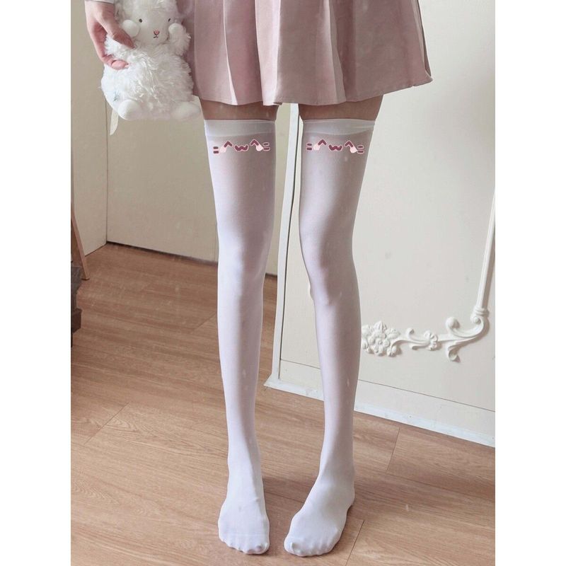 Subculture Soft Girl Cute Cat Emoji Printed Velvet Thigh-High Anime Cosplay Over-the-Knee Socks_voghion.com
