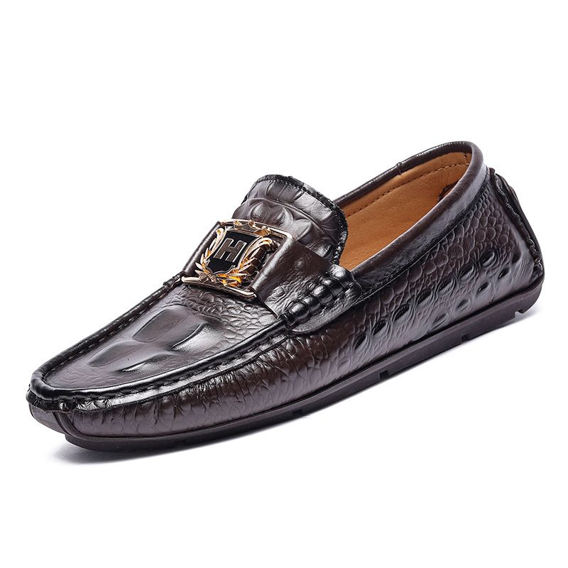 Live Broadcast Top Layer Crocodile Pattern Loafers Large Size Lazy Driving British Style Casual Cowhide Men's Shoes_voghion.com